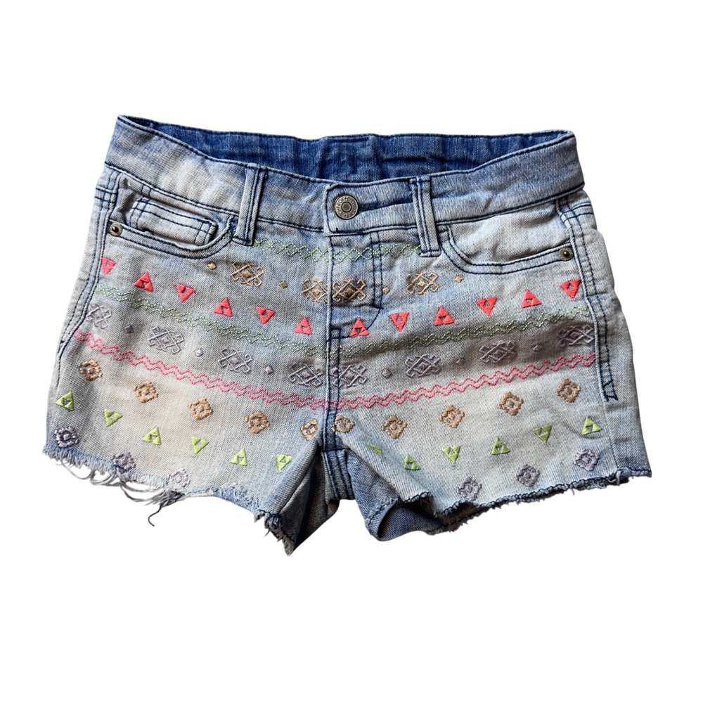 Cherokee Denim Shorts Girls M Blue Embroidered Geometric Tribal Raw Hem Stretch